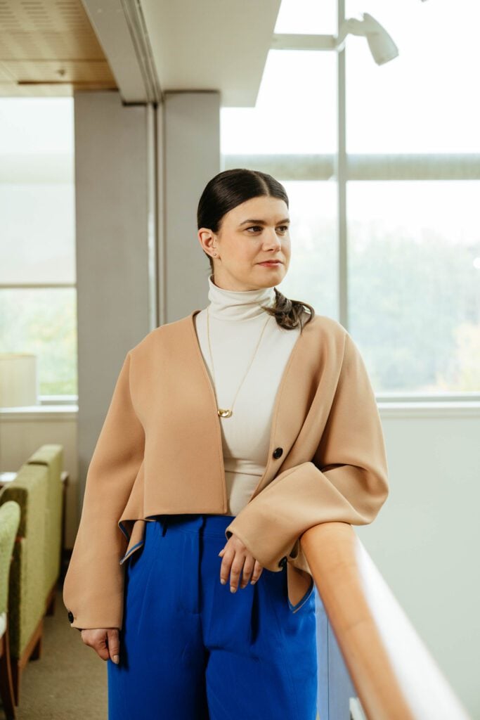 Philanthropist Rebecca Feinglos overlooks the Duke Cancer Center.