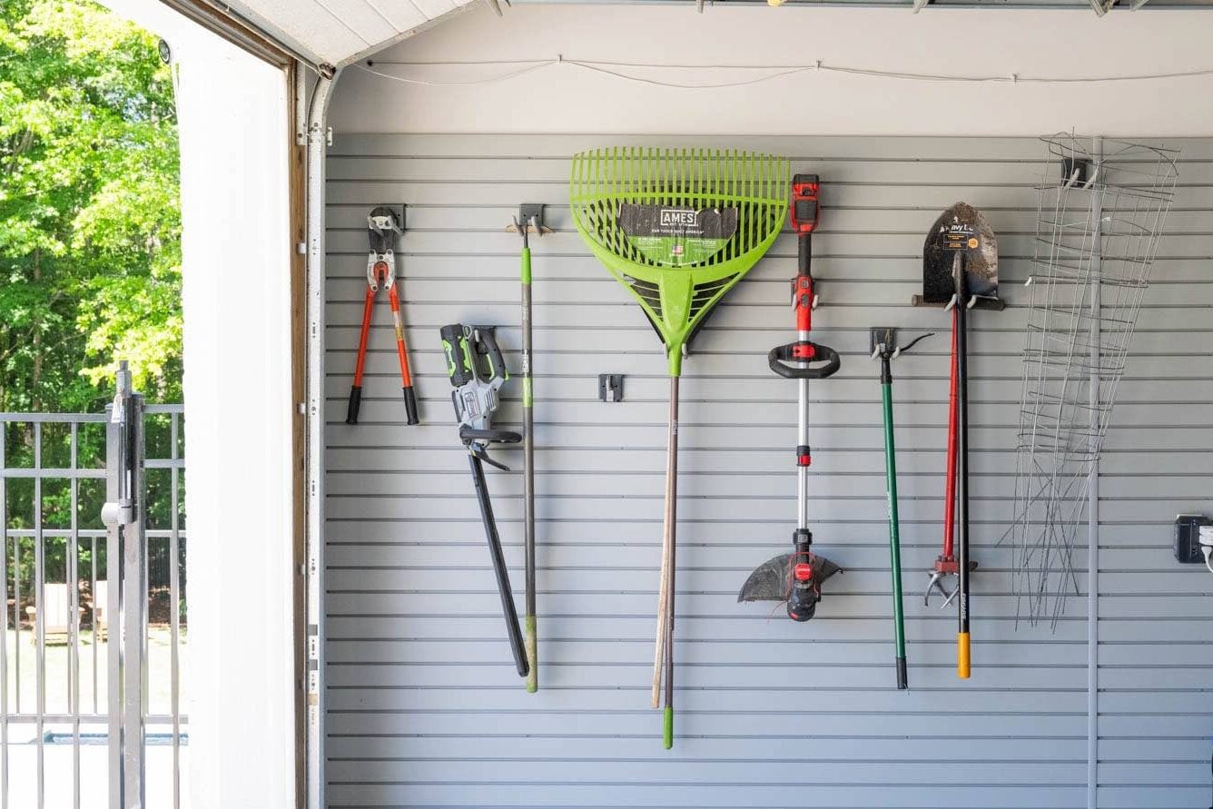 The organized tool system in the Serrano's garage.