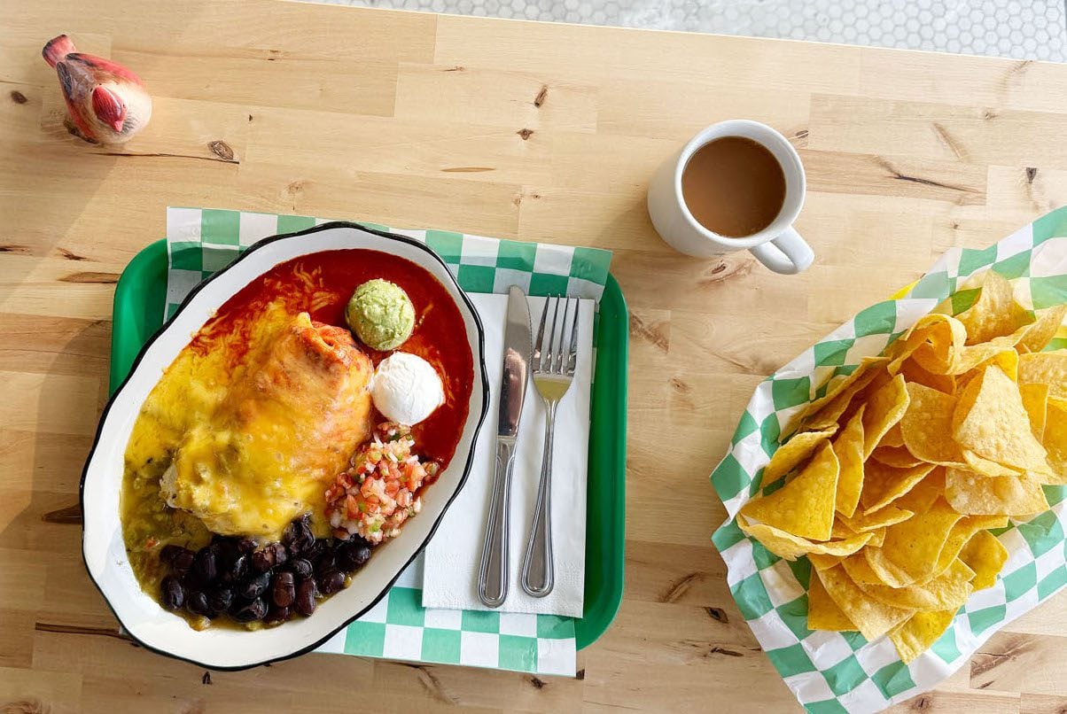 A breakfast burrito, tortilla chips and coffee from Hatch Burritos