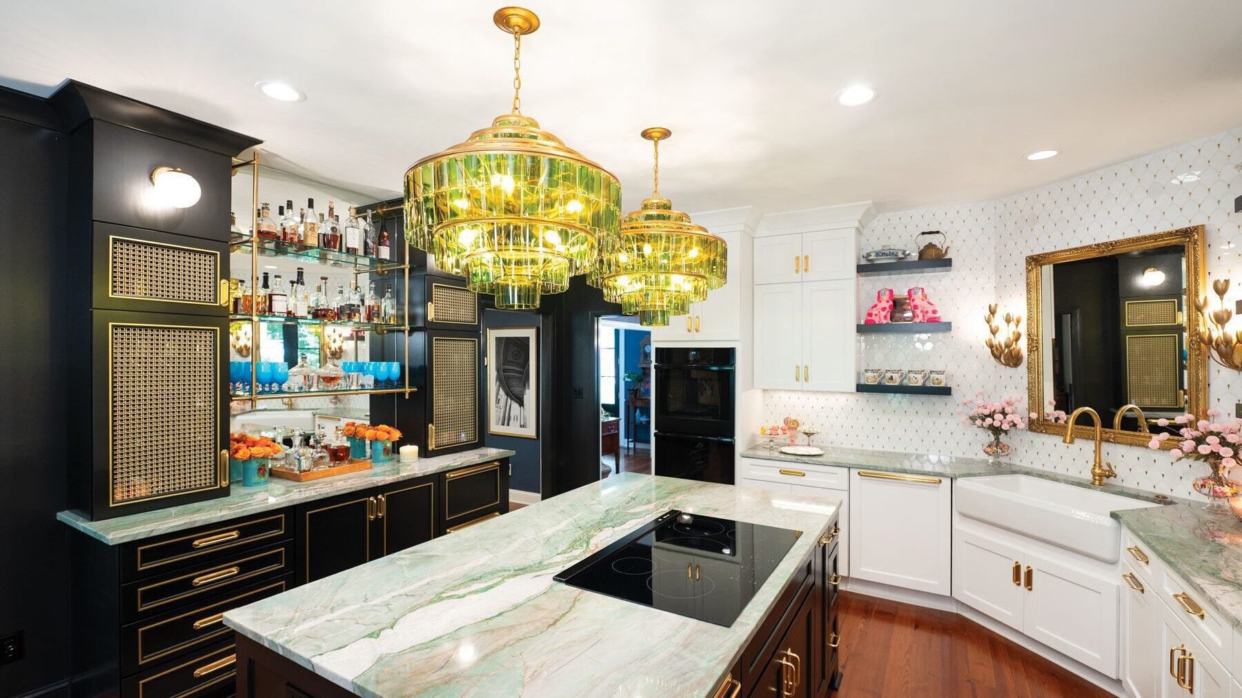 Kitchen of Allie Balling. Green and purple veining in the quartzite countertops inspired the room’s eye-catching color palette.